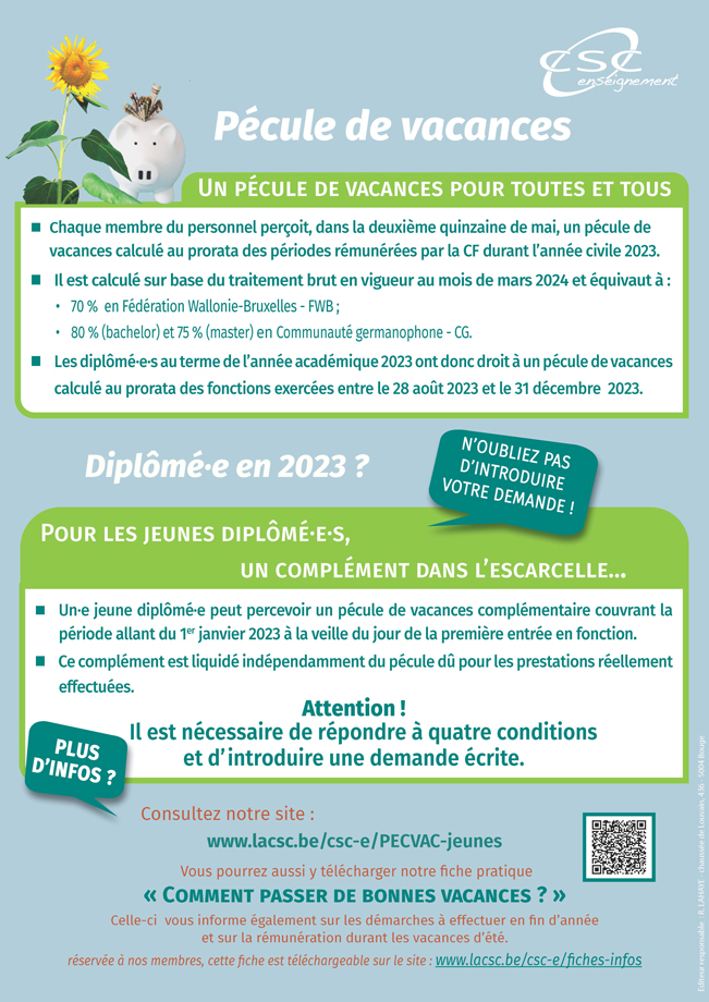 pécule de vacances enseignement